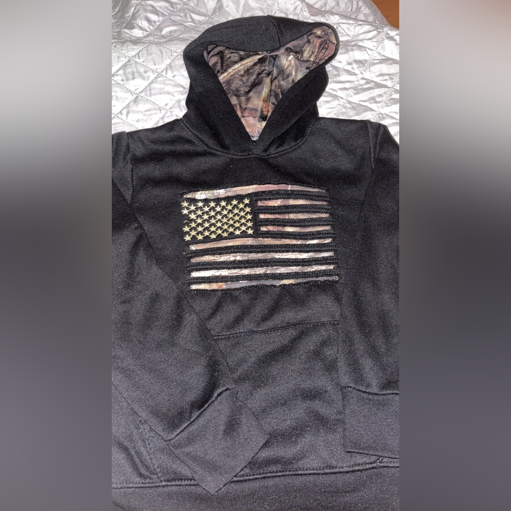 Mossy Oak Boy’s Black Hoodie With Camouflage American Flag
